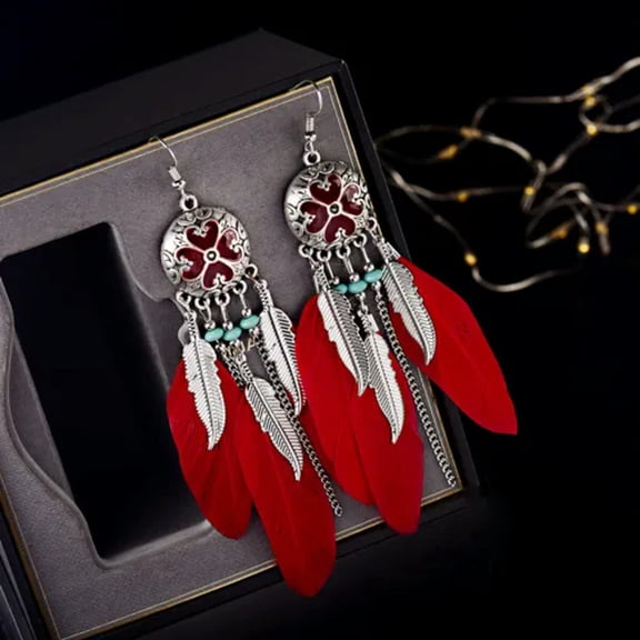EOEMY Bohemian Colorful Beads Long Feather Tassel Dangle Wings Earrings Jewelry Gift-Red