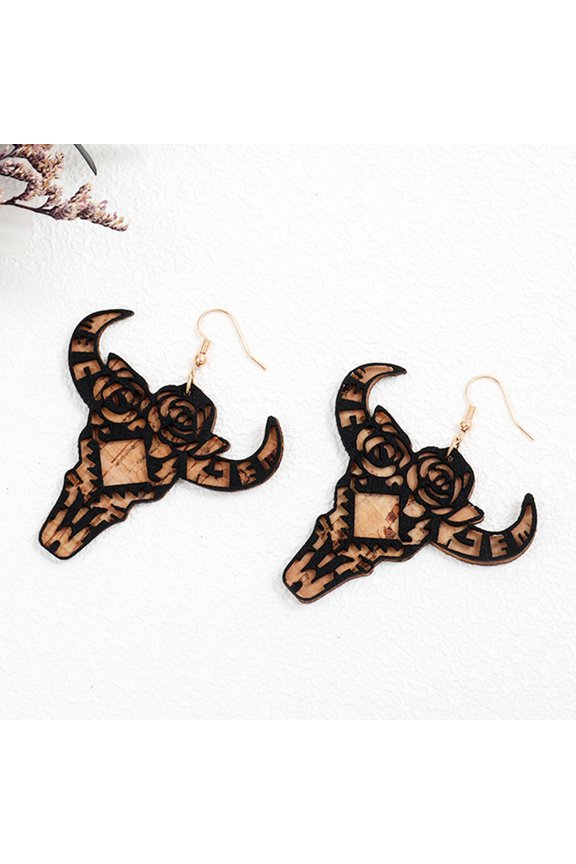 Bohemian Earrings, Wooden Microfiber Leather Western Denim-Cowhead
