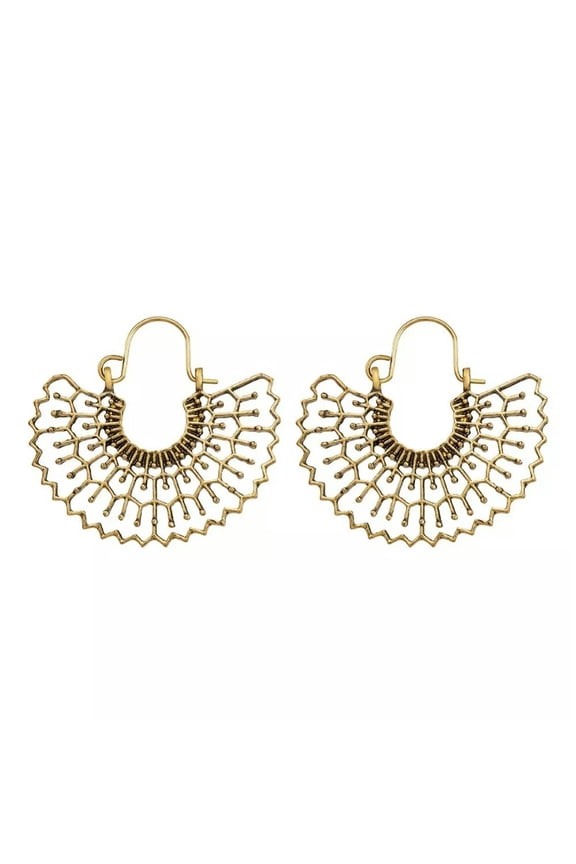 Bohemian Hoop Earrings Arched Shape Antique Gold 38mm Flower 29X40.5X2mm P354-Default