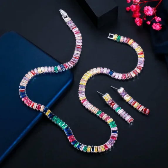 EOEMY Bohemian Multicolor Rainbow Cz Rectangle Set For Female Pageant Dress Jewelry