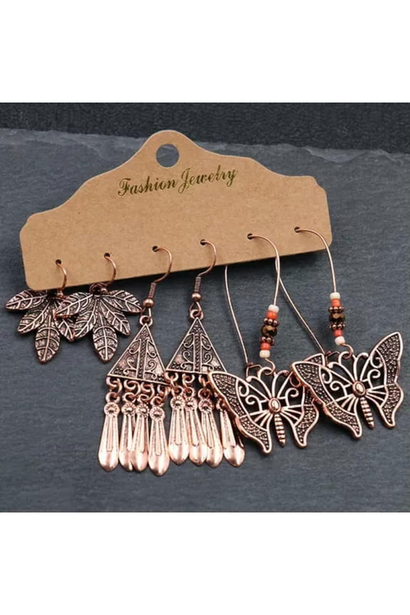 Boho 3Pairs Boho Gypsy Earrings Set Tribal Ethnic Hook Drop Dangle Women Jewelry-Rose Gold-Butterfly