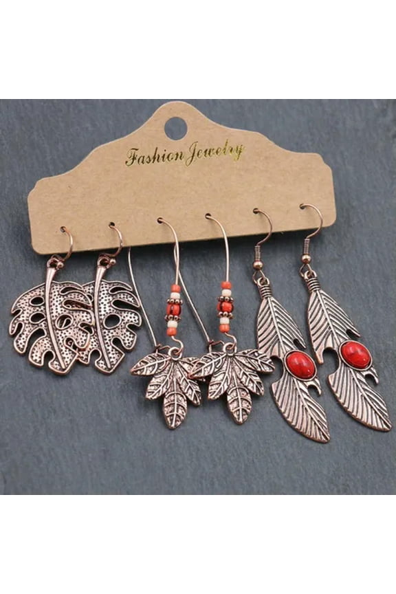 Boho 3Pairs Boho Gypsy Earrings Set Tribal Ethnic Hook Drop Dangle Women Jewelry-Rose Gold-Feather