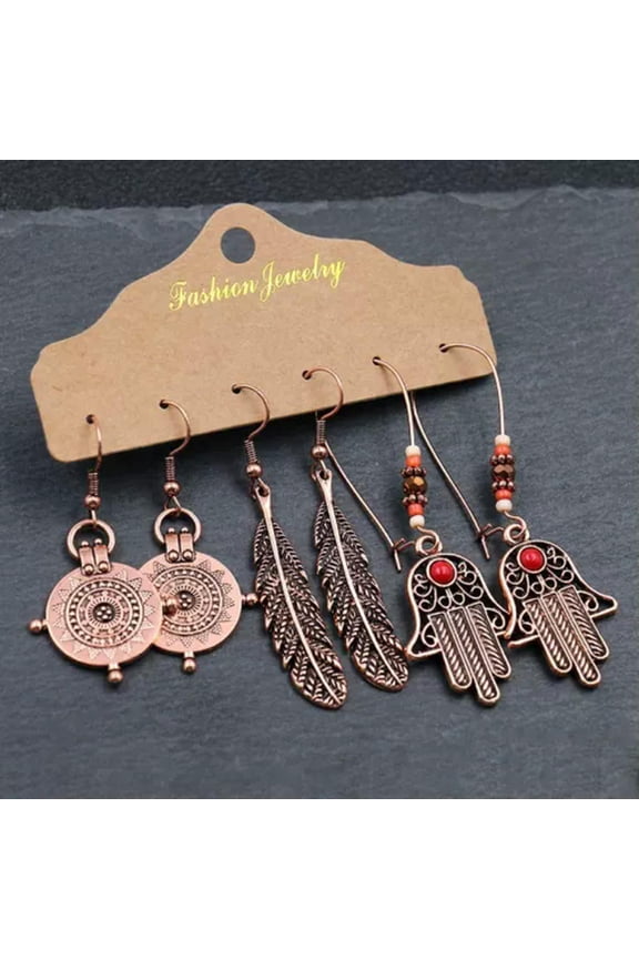 Boho 3Pairs Boho Gypsy Earrings Set Tribal Ethnic Hook Drop Dangle Women Jewelry-Rose Gold-Hand