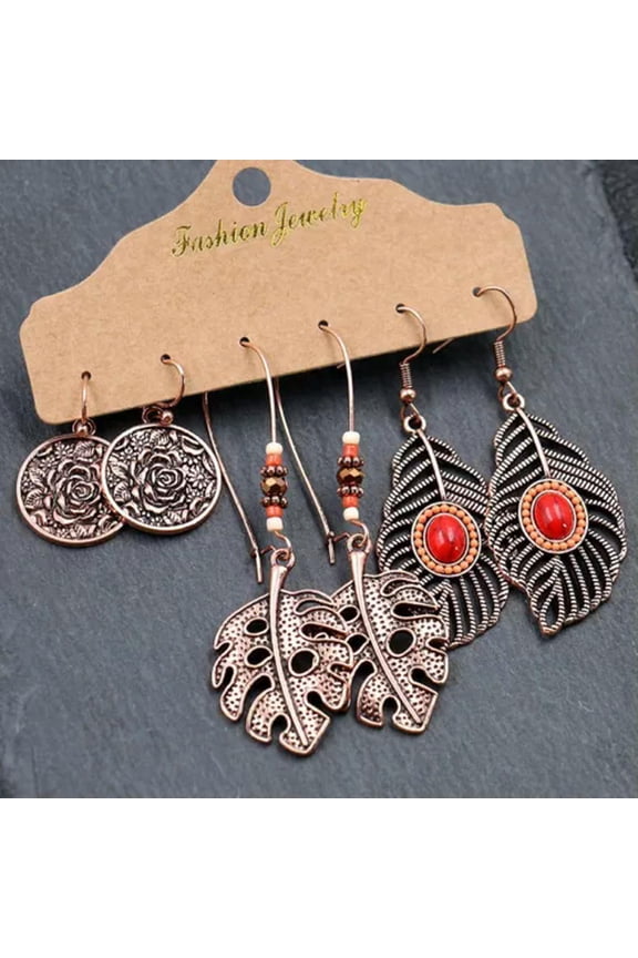 Boho 3Pairs Boho Gypsy Earrings Set Tribal Ethnic Hook Drop Dangle Women Jewelry-Rose Gold-Leaf
