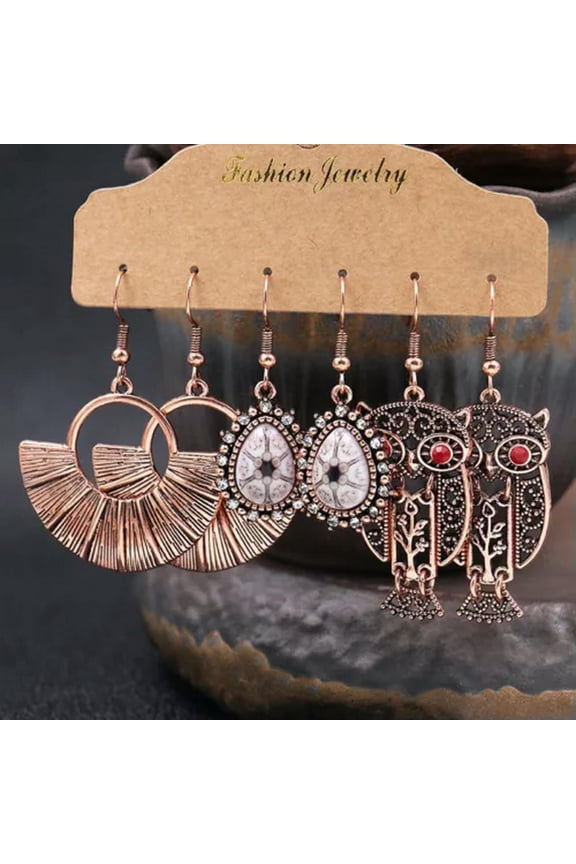 Boho 3Pairs Boho Gypsy Earrings Set Tribal Ethnic Hook Drop Dangle Women Jewelry-Rose Gold-Owl