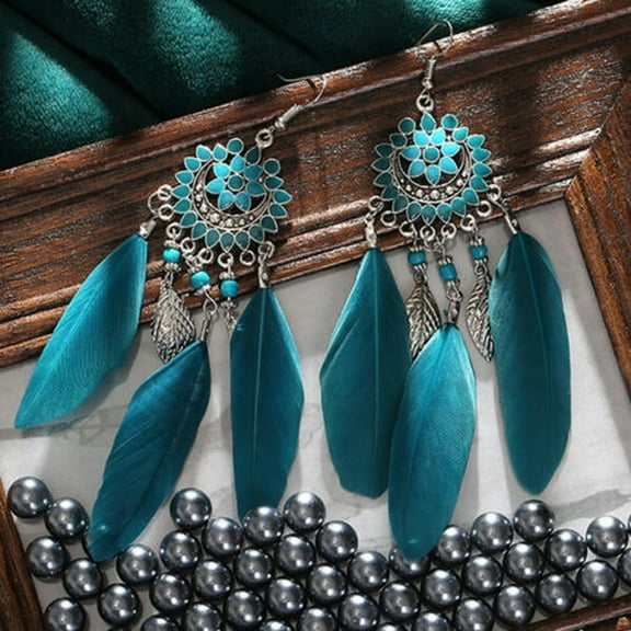 EOEMY Boho 925 Silver Drop Earrings Hook Turquoise Feather Women Wedding Jewelry Gifts-Aquamarine