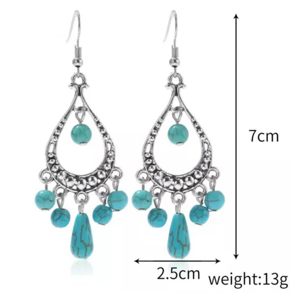 EOEMY Boho Retro 925 Silver Turquoise Earrings Dangle Drop Hook Ear Stud Women Jewelry-#10
