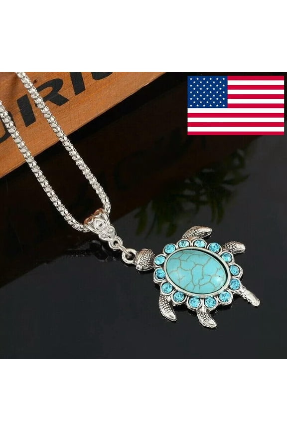 Boho Silver Sea Turtle Charms Vintage Turquoise Crystal Pendant Necklace Us