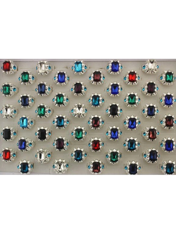 Bulk Lots 32Pcs Classic Mixed Color Glass Women Silver P Ring Wholesale Rings