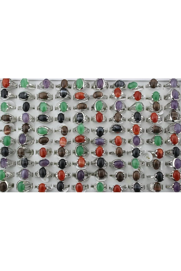 Bulk Lots 40Pcs Imitate Agate Resin Colorful Silver P Nobble Women/Lady Rings