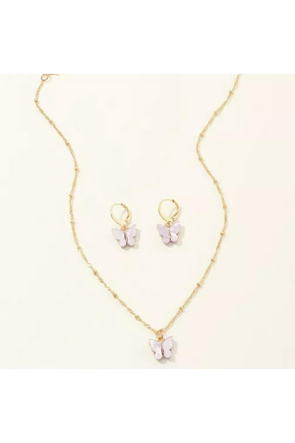 Butterfly Acrylic Sequins Clavicle Pendant Necklace Earrings Women'S Jewelry Set-White