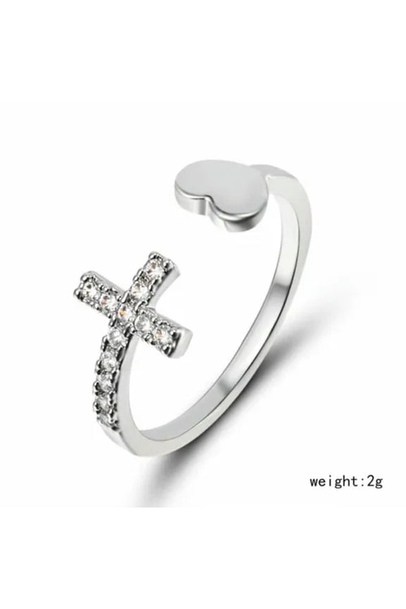 Cat Ring Adjustable Pearl Crystal Animal Leaf Opened Band Women Finger Knuckle-#15 Cross Heart