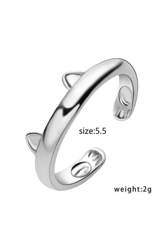 Cat Ring Adjustable Pearl Crystal Animal Leaf Opened Band Women Finger Knuckle-#16 Cat Ears Cat Ring