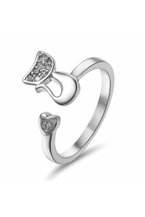Cat Ring Adjustable Pearl Crystal Animal Leaf Opened Band Women Finger Knuckle-#9 Silver Crystal Cat Ring