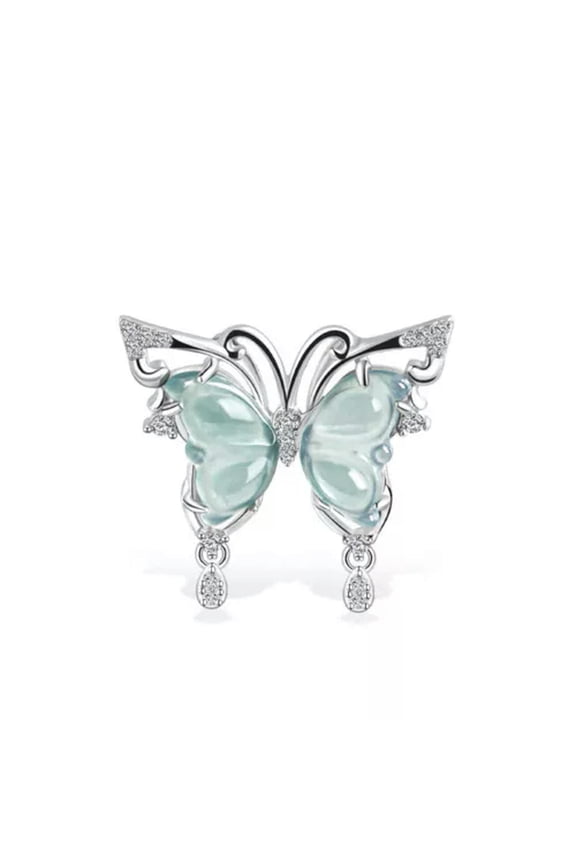 Certified Natural A Jade Women Blue Water Butterfly Carved Jadeite Set S 925-Pendant