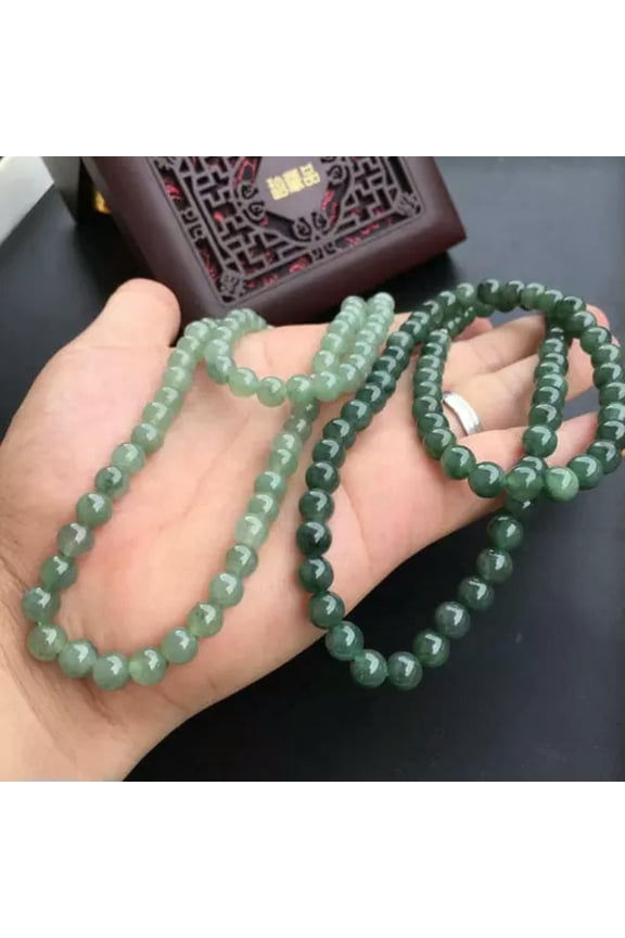 Certified Oily Green Natural A Jade Jadeite Hand-Carved 7mm Beads 520mm Necklace-Dark Oily Green