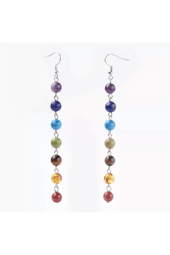 Chakra Natural Stone Beads Dangle Earrings Platinum Hooks 114mm 0.6mm P212-Default