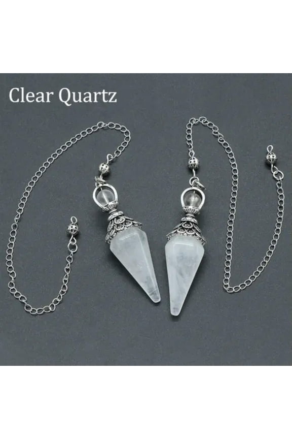 Chakra Pendulum Natural Crystal Hexagon Pyramid Chain Pendant Healing Divination-Clear Quartz-1Pc (Random Pick)
