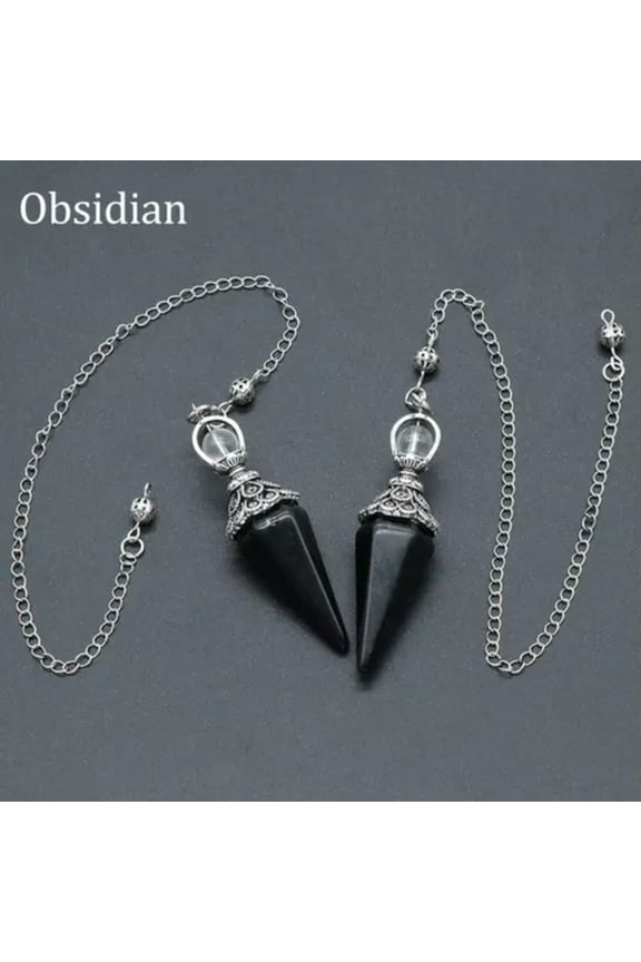 Chakra Pendulum Natural Crystal Hexagon Pyramid Chain Pendant Healing Divination-Obsidian-1Pc (Random Pick)