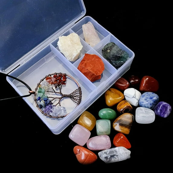 EOEMY Chakra Yoga Stones Reiki Healing Crystals Set Assorted Pendant Necklace Box Gift