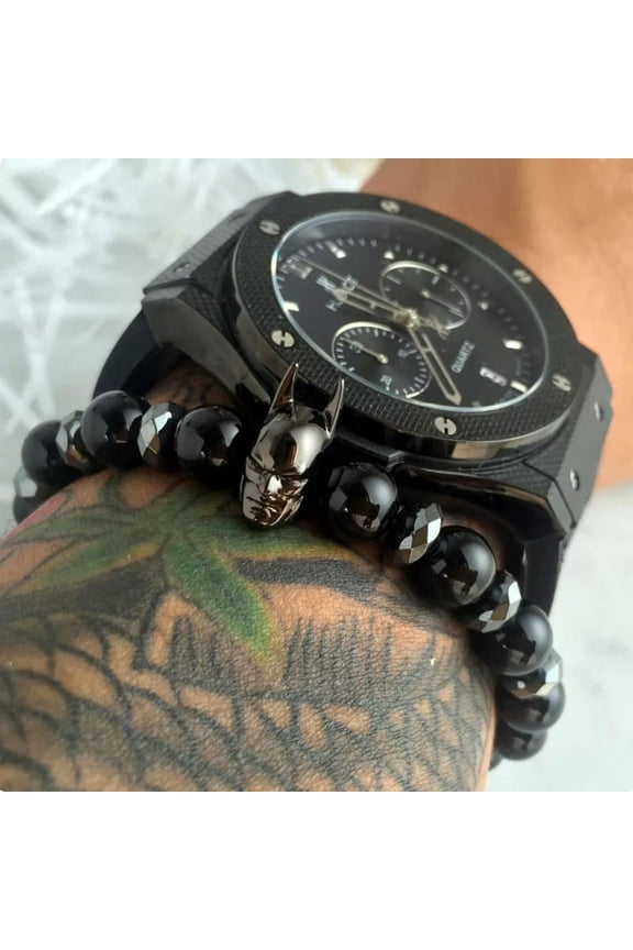 Charm Black Batman Men 8mm Black Natural Onyx Round Male Hematite Bead Bracelets