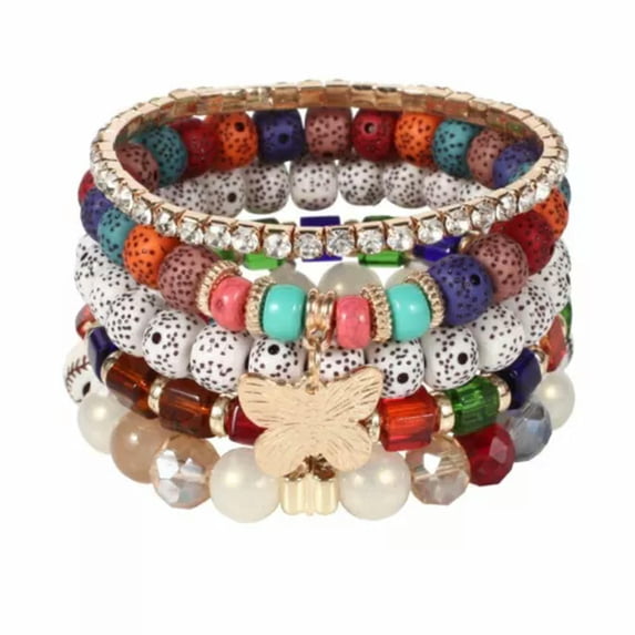 EOEMY Charm Boho Women Multi-Layer Stretch Beaded Natural Stone Tassel Bracelet Bangle-5Pcs Colorful Beads Butterfly
