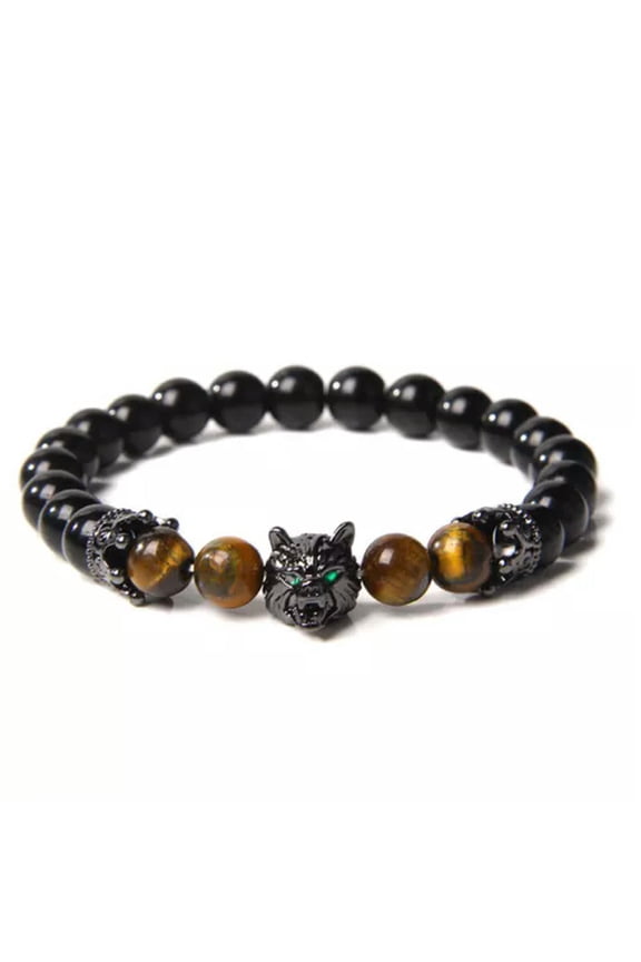 Charm Men Natural Black Lava Stone Tiger Eye Wolf Bracelet Women Elastic Jewelry-Black Crown