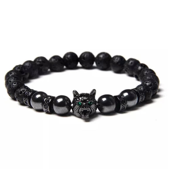 EOEMY Charm Men Natural Black Lava Stone Tiger Eye Wolf Bracelet Women Elastic Jewelry-Hematite
