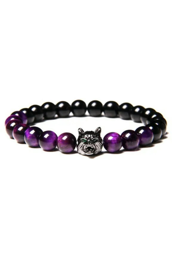 Charm Men Natural Black Lava Stone Tiger Eye Wolf Bracelet Women Elastic Jewelry-Purple Tiger'S Eye