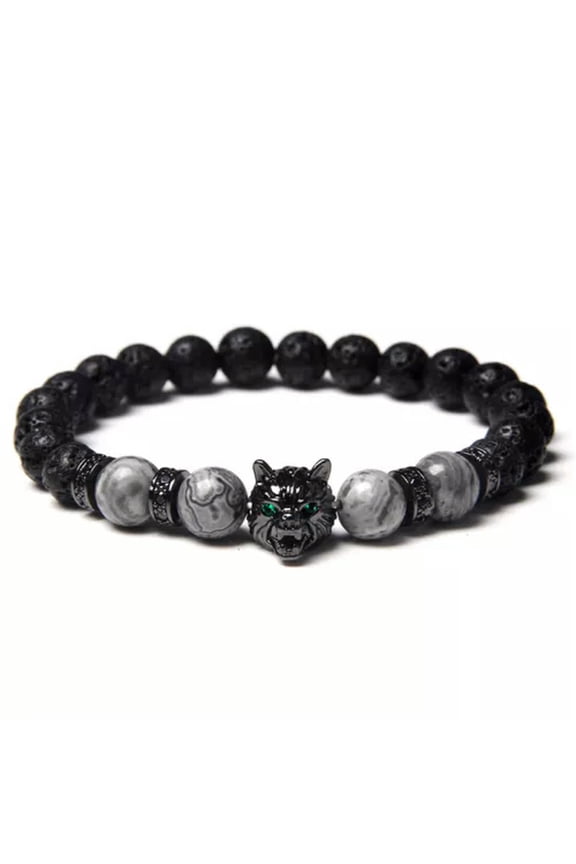 Charm Men Natural Black Lava Stone Tiger Eye Wolf Bracelet Women Elastic Jewelry-Weathered Stone