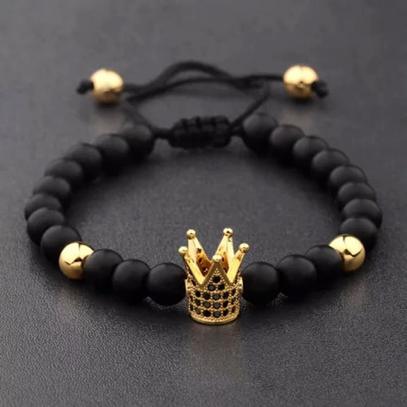 EOEMY Charm Men'S Bright Zircon Micro Pave Black Natural Stone Round Beaded Bracelets-Gold Crown