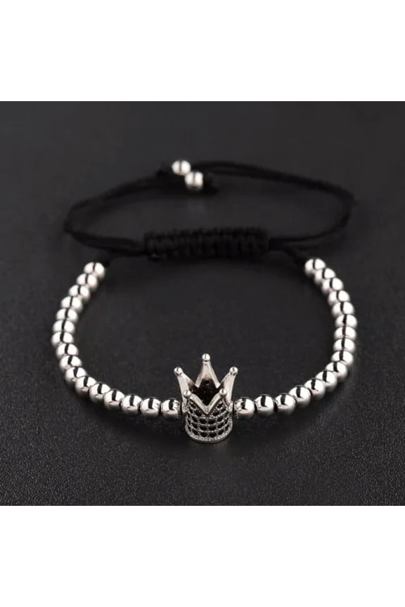 Charm Men'S Bright Zircon Micro Pave Black Natural Stone Round Beaded Bracelets-Silver Crown-4