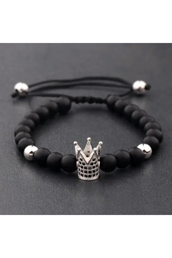 Charm Men'S Bright Zircon Micro Pave Black Natural Stone Round Beaded Bracelets-Silver Crown