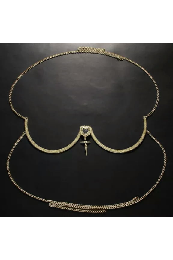 Chest Bracket Bra Chain Women Body Jewelry Sexy Rhinestone Heart Necklace Bras-Gold