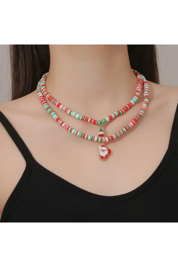 Christmas Santa Claus Necklace Polymer Clay Double Layer Clavicle Chain Jewelry