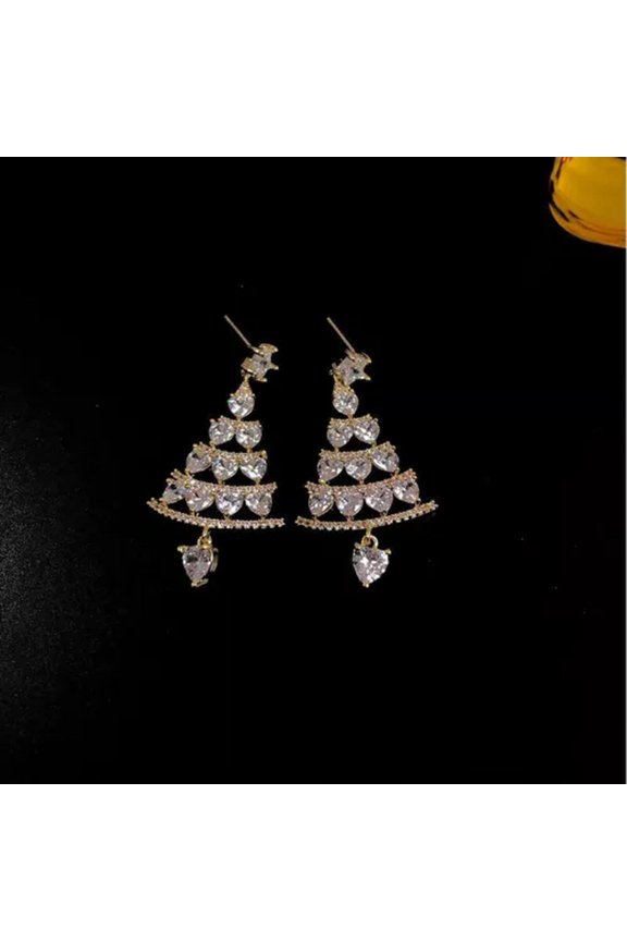 Christmas Tree 925 Silver Crystal Star Stud Earrings Dangle Jewelry Women Gift -Gold