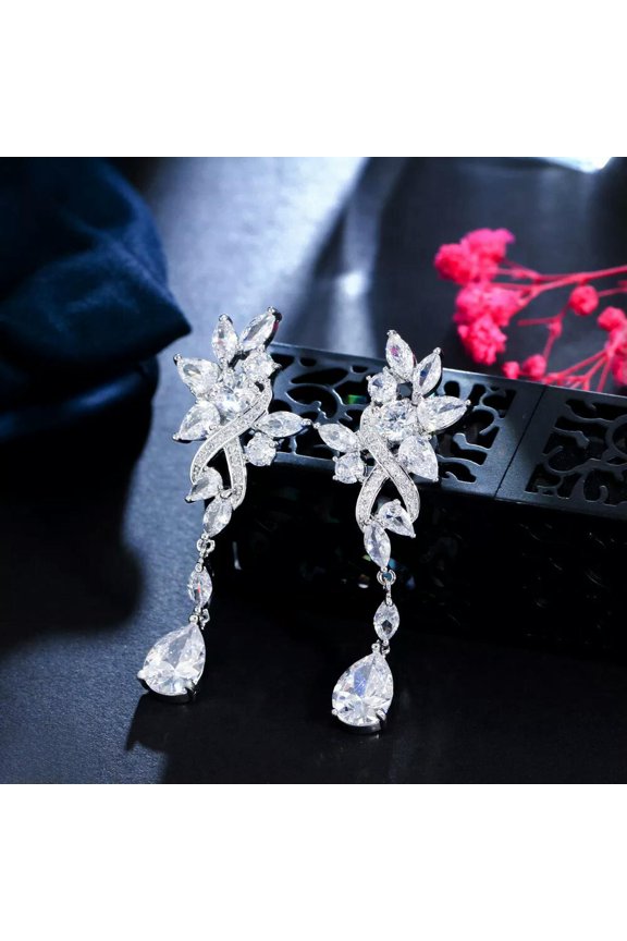 Classic Long Leaf Water Dangle Drop Earring Cubic Zirconia Cz Crystal White Gift
