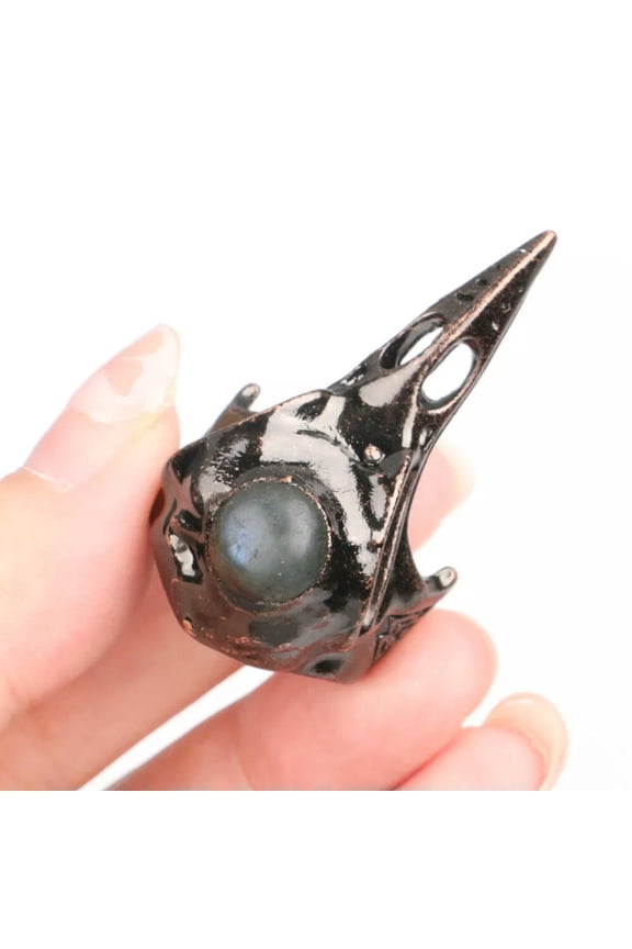 Crow Head Ring Natural Labradorite Bead Crystal Bird Skull Quartz Stone Jewelry