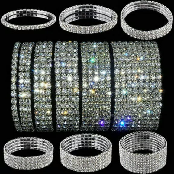 EOEMY Crystal Rhinestone Stretch Bracelet Bangle Wristband Elastic Wedding Bridal Gift-Silver-2 Row