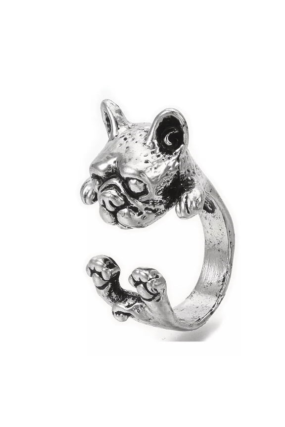 Cuff Ring English Bulldog Dog Pug Antique Silver Size 4 Adjustable 15mm P455-Default