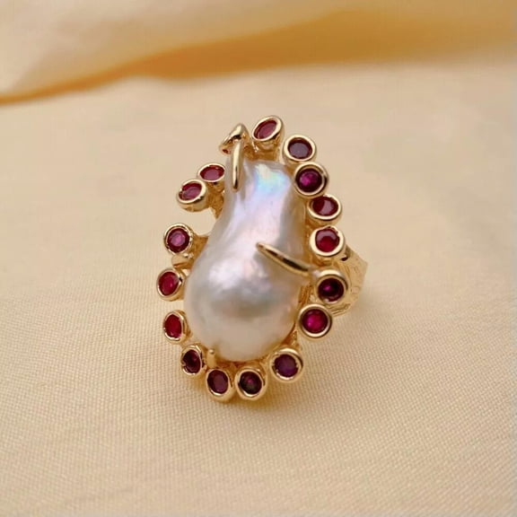 EOEMY Cultured White Baroque Pearl Fuchsia Cz Ringer Ring Adjustable