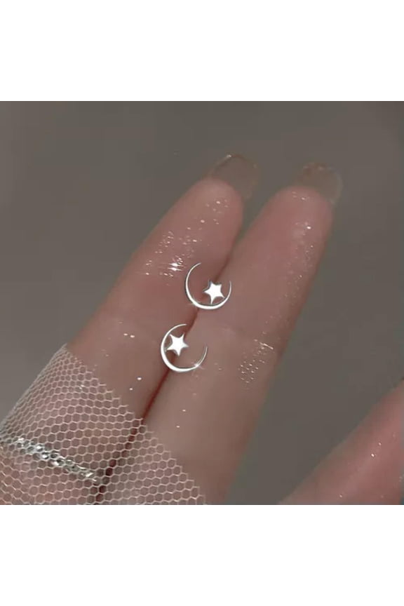 Cute 925 Silver Star Moon Cat Small Stud Earrings Rose Flower Women Jewelry Gift-6-Silver Moon(1*0.5Cm)