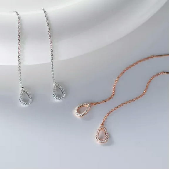 EOEMY Cute Dangle Hanging Crystal Tassel Long Drop Earrings 925 Sterling Silver-Rose Gold