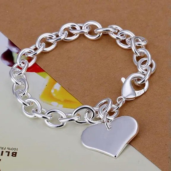 EOEMY Cute New Women Lovely Nice 925 Silver Charms Heart Solid Bracelet Jewelry H278