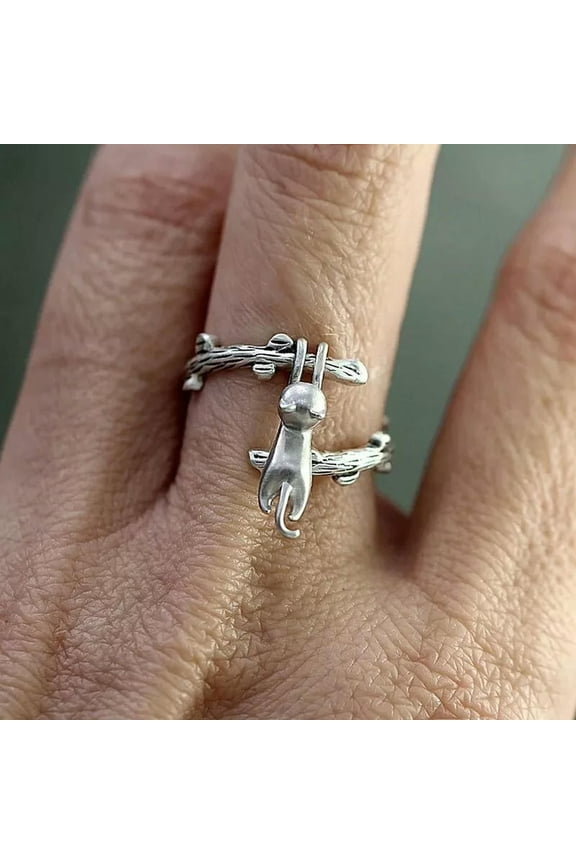 Cute Silver Plated Cat Climbing Tree Opened Rings Women Adjustable Jewelry Gift