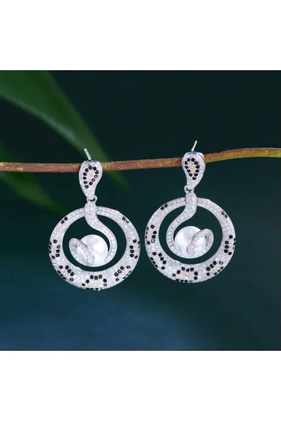 Cz Dubai Yellow Gold Plated Snake Pattern Long Dangling Drop Pearl Party Earring