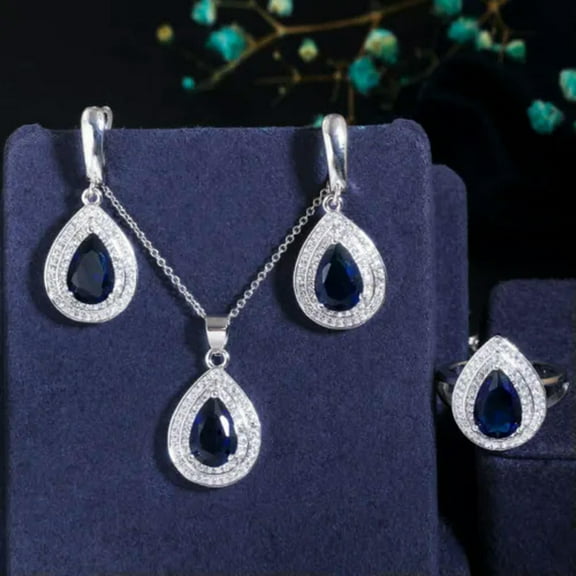 EOEMY Cz Royal Blue Stone Dangle Drop Pendent Necklace Huggie Earring Ring Jewelry Set