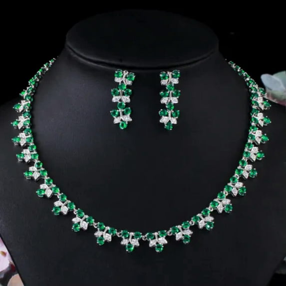 EOEMY Dainty Royal Blue Cz Bridal Leaf Shape Chorker Necklace Earring Prom Jewelry Set