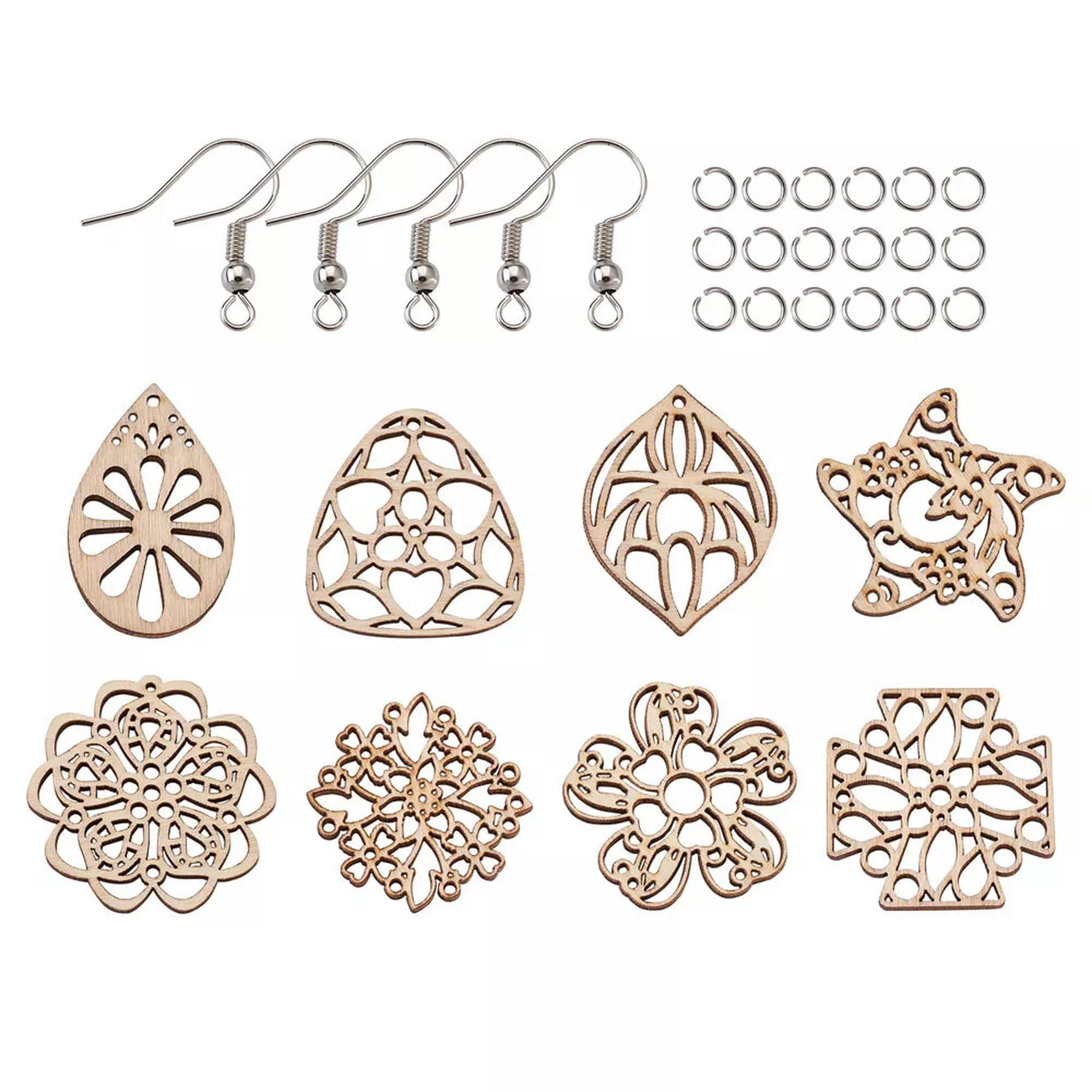 EOEMY Diy Dangle Earring Kits 48X Natural Wood Pendants 50Xearring Hooks 50Xjump Rings