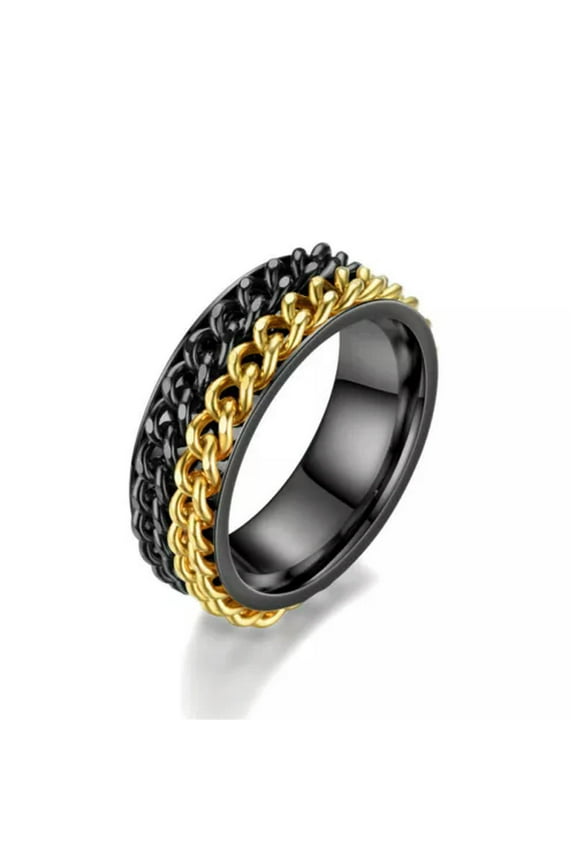 Double Chain Band Men'S Stainless Steel Gold Black Polished Spinner Ring Sz 6-12